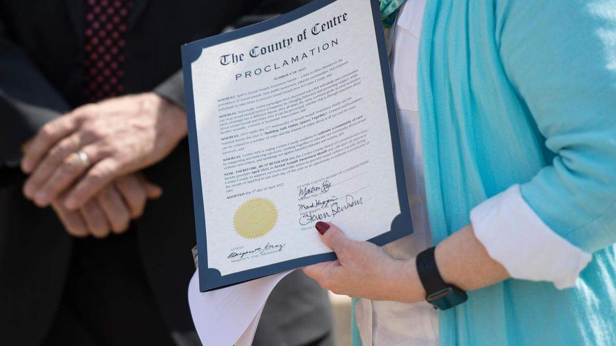 A proclamation naming April Sexual Assault Awareness Month in Centre County is held by then-Centre Safe Executive Director Anne Ard during Centre Safe’s Day of Action on April 5, 2022 in Bellefonte.