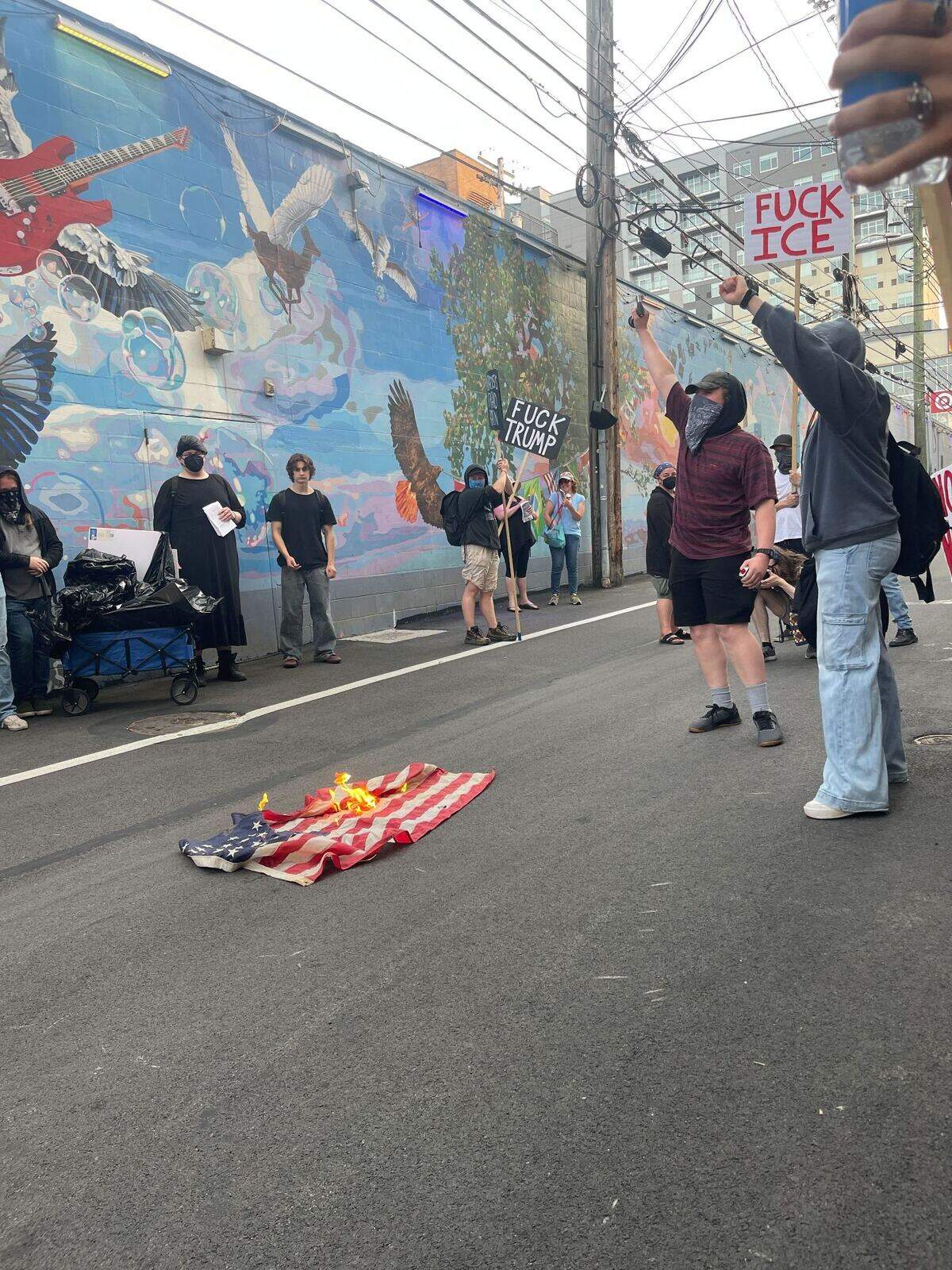 Anti-ICE protesters burn an American flag on Calder Way in downtown State College on Thursday, June 12, 2025.