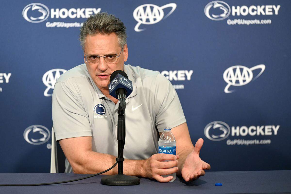 Penn State men’s hockey coach Guy Gadowsky answers questions during media day on Monday, Sept. 29, 2025.