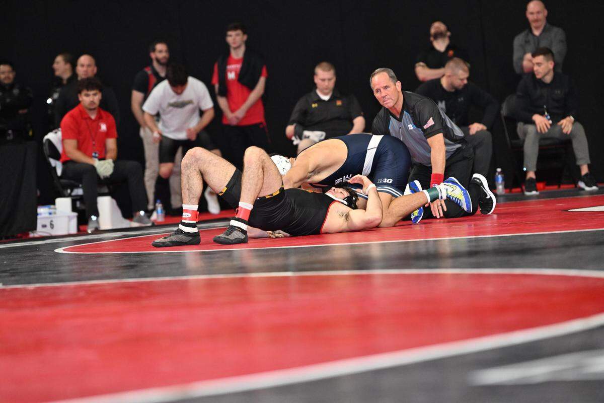 Penn State’s Aaron Brooks pins Maryland’s Kyle Cochran in their 184-pound Big Ten quarterfinals match on Saturday, March 5, 2022 in Lincoln, Neb. Brooks’ winning time was 1:41.