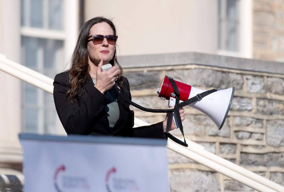 Rep. Stephanie Borowicz speaks to the crowd during the Turning Point USA anti-mandate freedom rally outside of Old Main on Friday, Nov. 12, 2021.