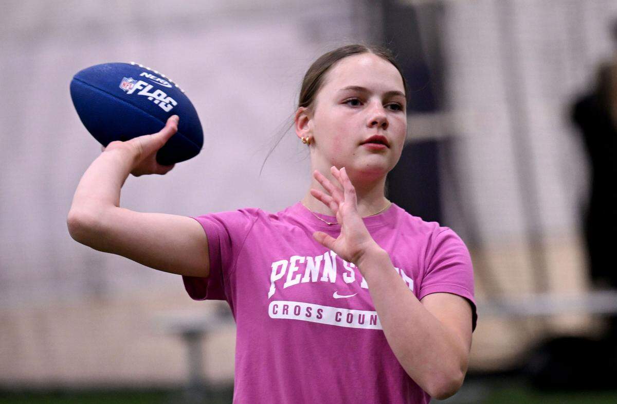 Elin Handley makes a pass during girls flag football practice at Nittany Valley Sports Centre on Wednesday, March 26, 2025.