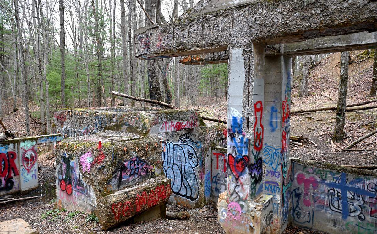 Graffiti covers the 1940s hopper foundation in Scotia on Friday, March 27, 2026. 