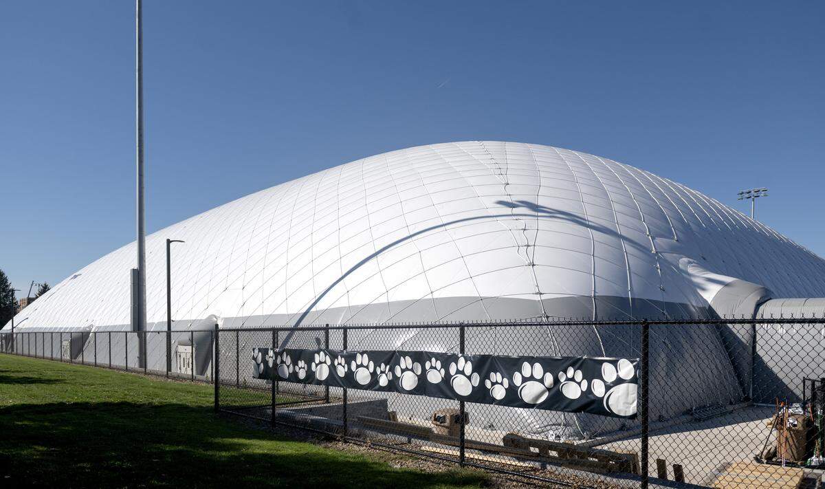 The indoor bubble practice facility has been inflated next to Jeffrey Field on Monday, Oct. 27, 2025.  