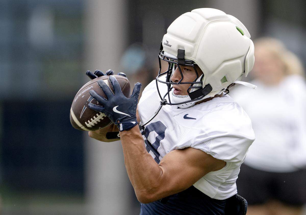 Penn State wide receiver Trebor Peña makes a catch during practice on Tuesday, Aug. 19, 2025.  