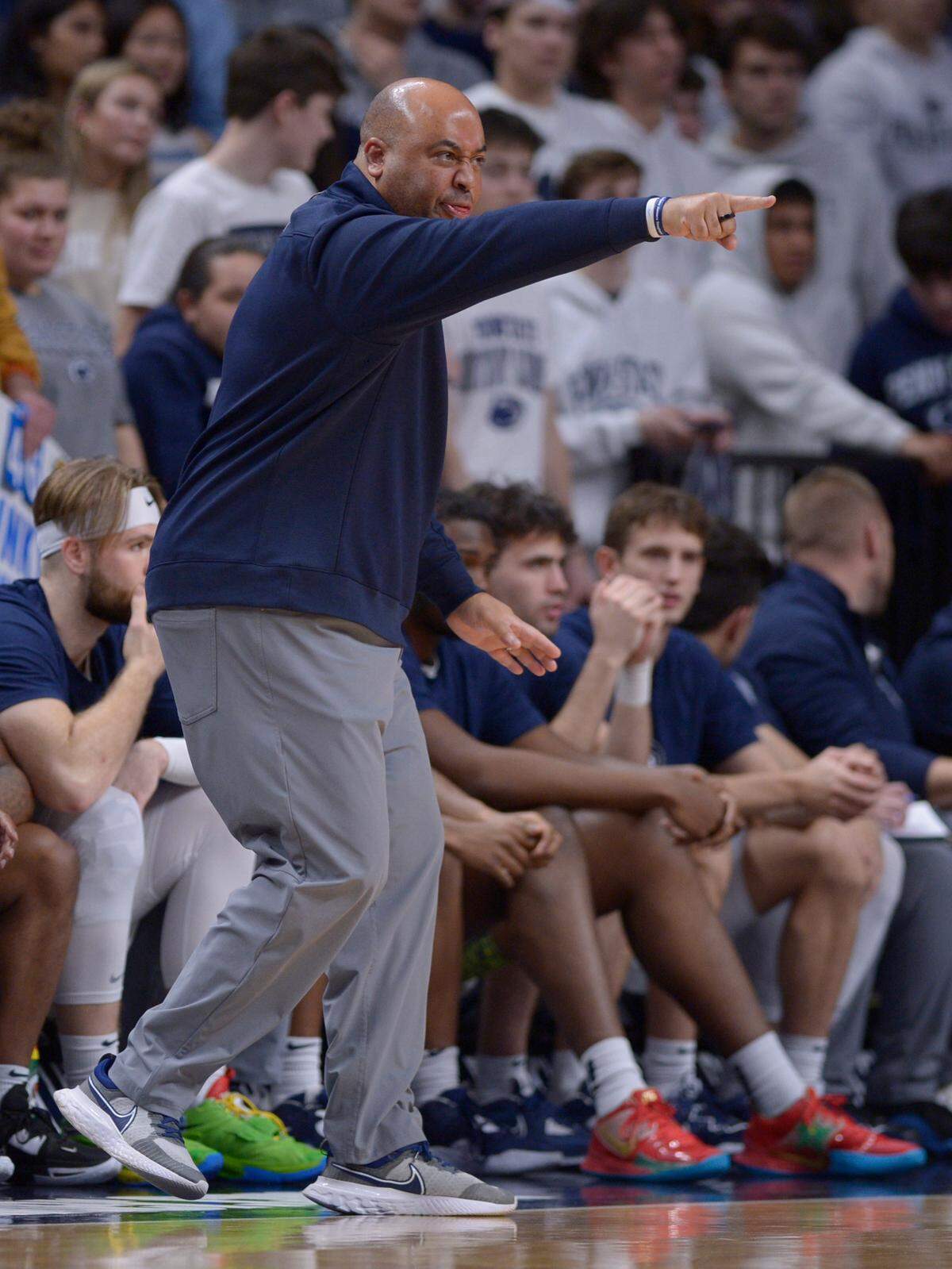 Penn State coach Micah Shrewsberry reacts to a play during the first half of the team’s NCAA college basketball game against Indiana on Wednesday, Jan. 11, 2023, in State College.