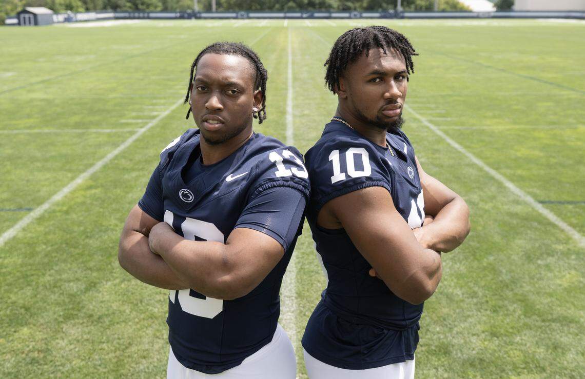 Penn State running backs Kaytron Allen and Nick Singleton stand together for a photo during media day on Saturday, Aug. 2, 2025.  