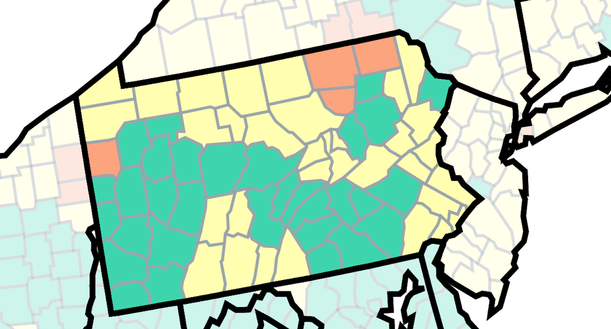 This map of Pennsylvania from the U.S. Centers for Disease Control and Prevention shows COVID-19 community levels by county as of Nov. 11, 2022. The green counties are at low, the yellow at medium and the orange at high.