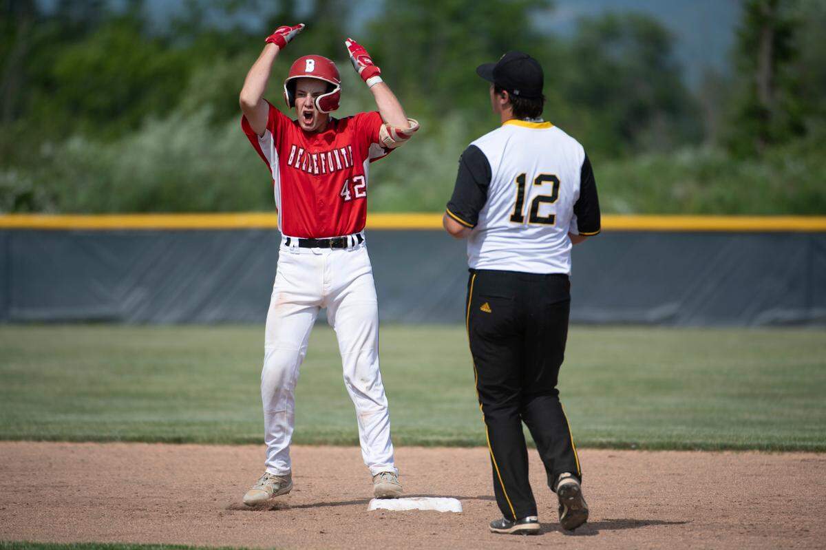 Bellefonte’s Braedyn Kormanic reacts after hitting a double during the PIAA Class 4A Baseball Championships between Bellefonte Area High School and Montour High School at Bald Eagle Area High School on June 6, 2022 in Wingate, Pa. Bellefonte Area High School fell to Montour High School 13-9.