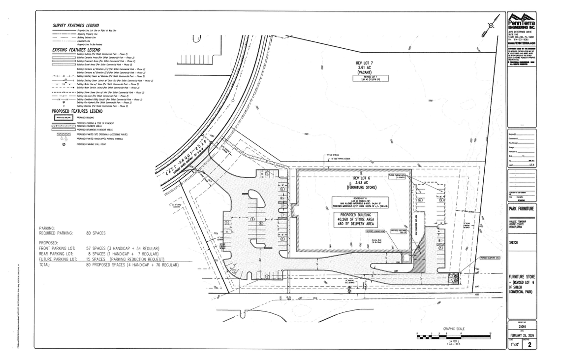 Sketch plans for the proposed Park Home Furniture in College Township, provided by PennTerra Engineering and included in the College Township Planning Commission’s agenda.