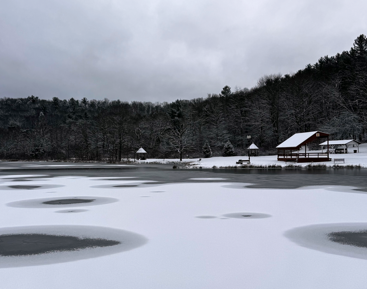 The reservoir at Cold Stream Dam in Philipsburg begins to freeze over on Dec. 2, 2025.