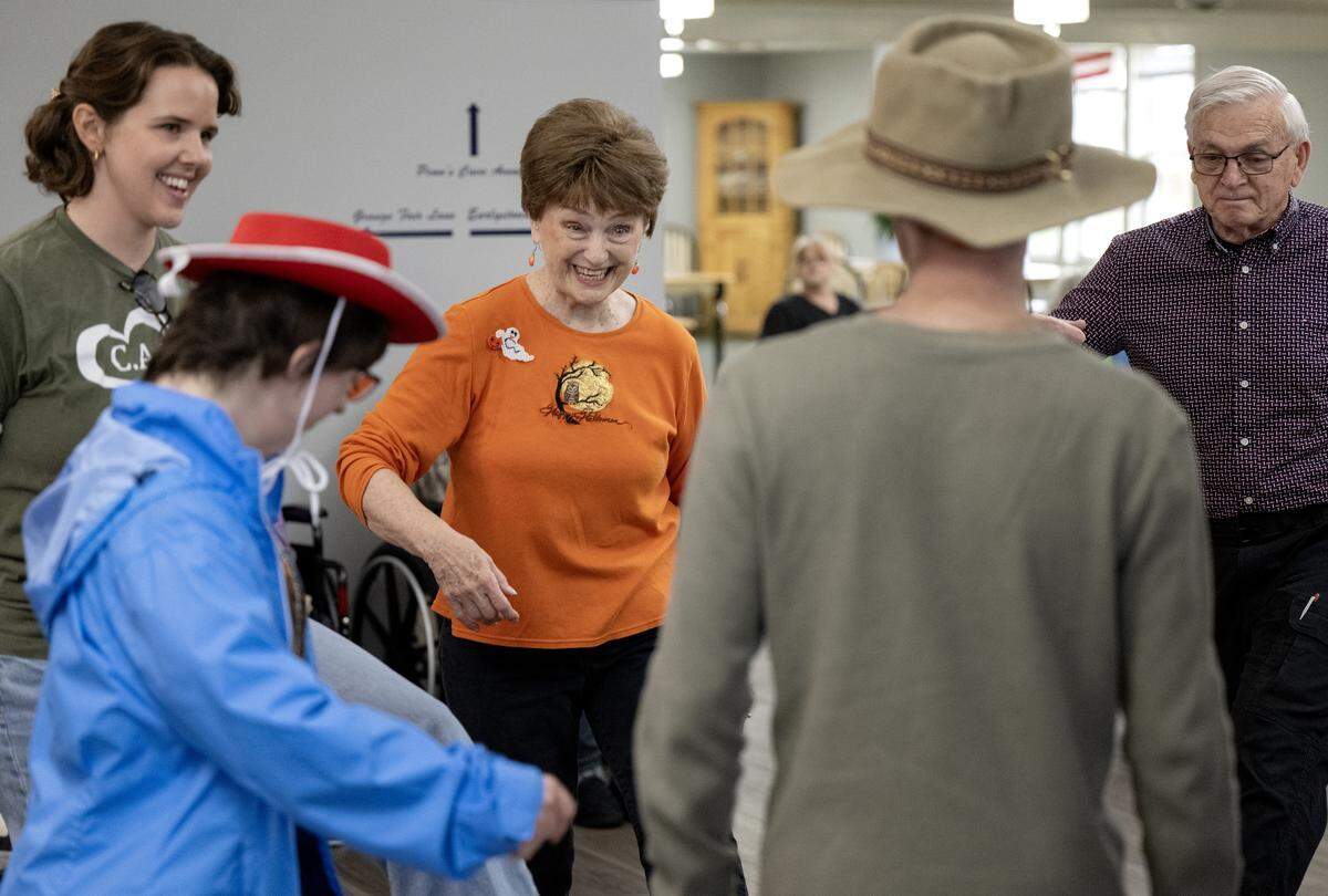 Volunteer Audrey Oakes square dances at the Wynwood House in Centre Hall on Thursday, Oct. 30, 2025.  