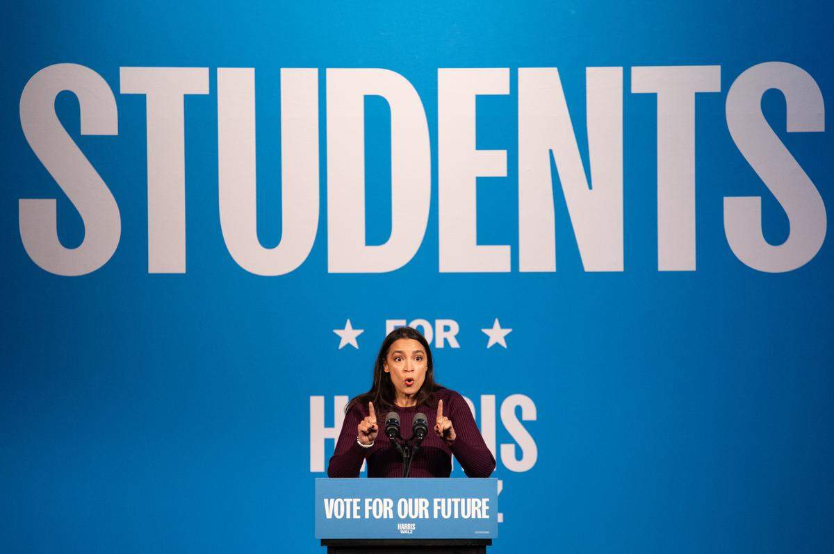 Congresswoman Alexandria Ocasio-Cortez speaks to supporters during a rally at the State Theatre on Friday, Oct. 18, 2024.
