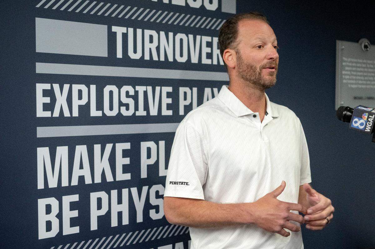 Penn State offensive coordinator Mike Yurcich talks to the media on Thursday, June 8, 2023 in the Lasch Building.