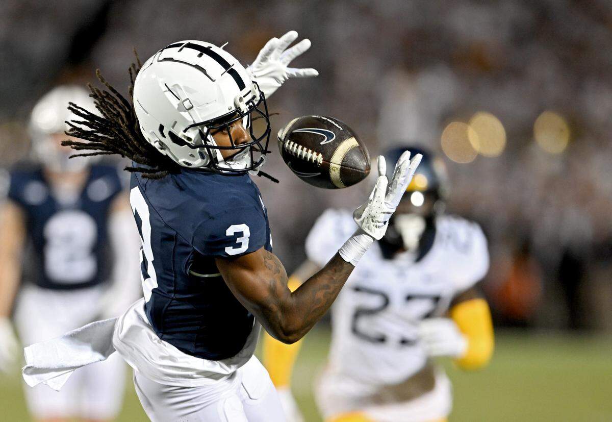 Penn State wide receiver Dante Cephas makes a catch during the game against West Virginia on Saturday, Sept. 2, 2023.