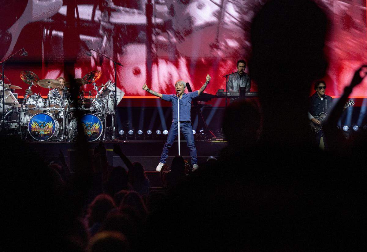 Arnel Pineda of Journey pumps up the crowd during the performance at the Bryce Jordan Center as part of their Final Frontier Tour on Wednesday, May 27, 2026.  