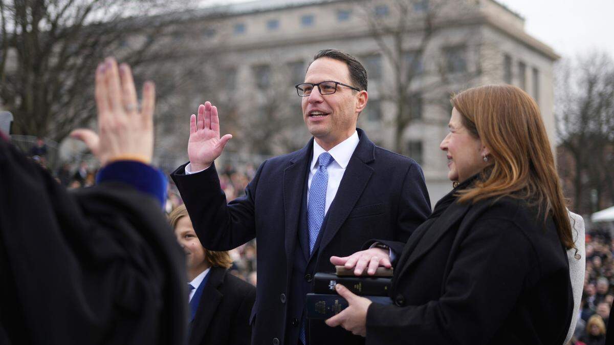 Josh Shapiro is sworn in as Pennsylvania’s 48th governor on Tuesday at the state Capitol in Harrisburg.