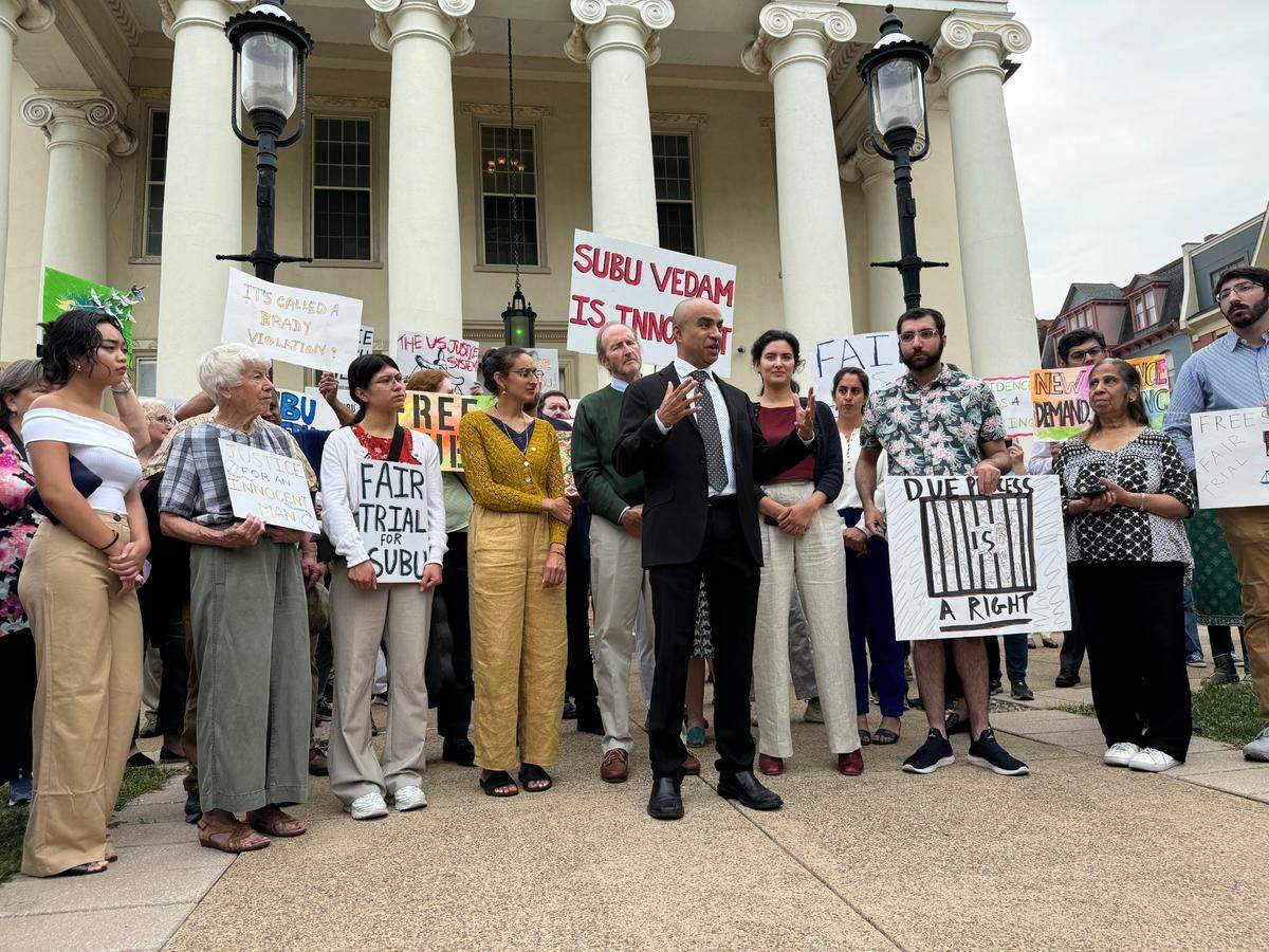 Defense lawyer Gopal Balachadran speaks Monday to reporters before a hearing at the Centre County Courthouse for Subramanyam “Subu” Vedam. He’s been imprisoned more than four decades for a killing he says he did not commit.