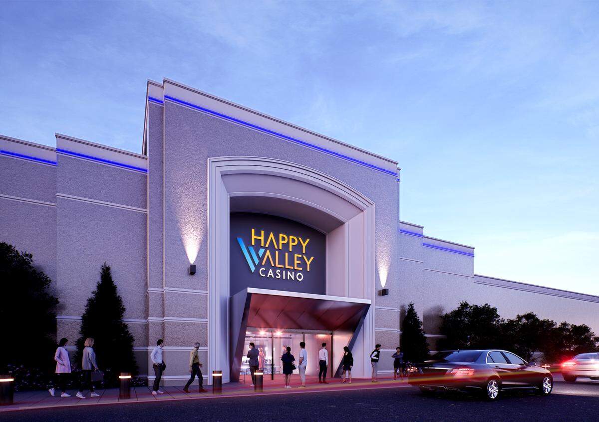 A rendering of what Happy Valley Casino’s main guest entrance is expected to look like at its anticipated April opening.