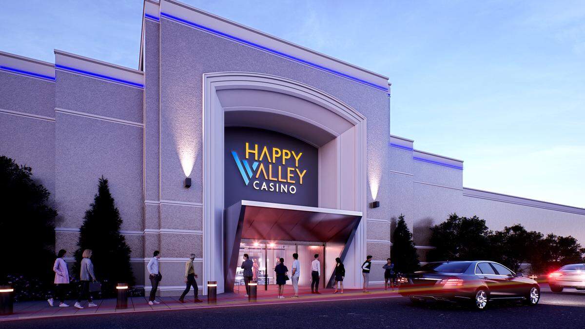 A rendering of what Happy Valley Casino’s main guest entrance is expected to look like at its anticipated April opening.