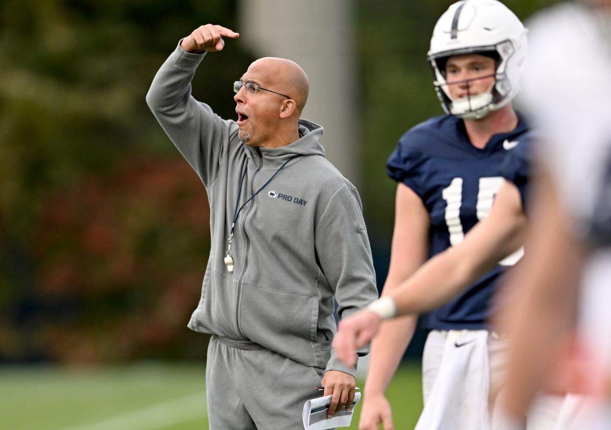 Penn State football coach James Franklin yells to a wide receiver during practice on Wednesday, Oct. 12, 2022.