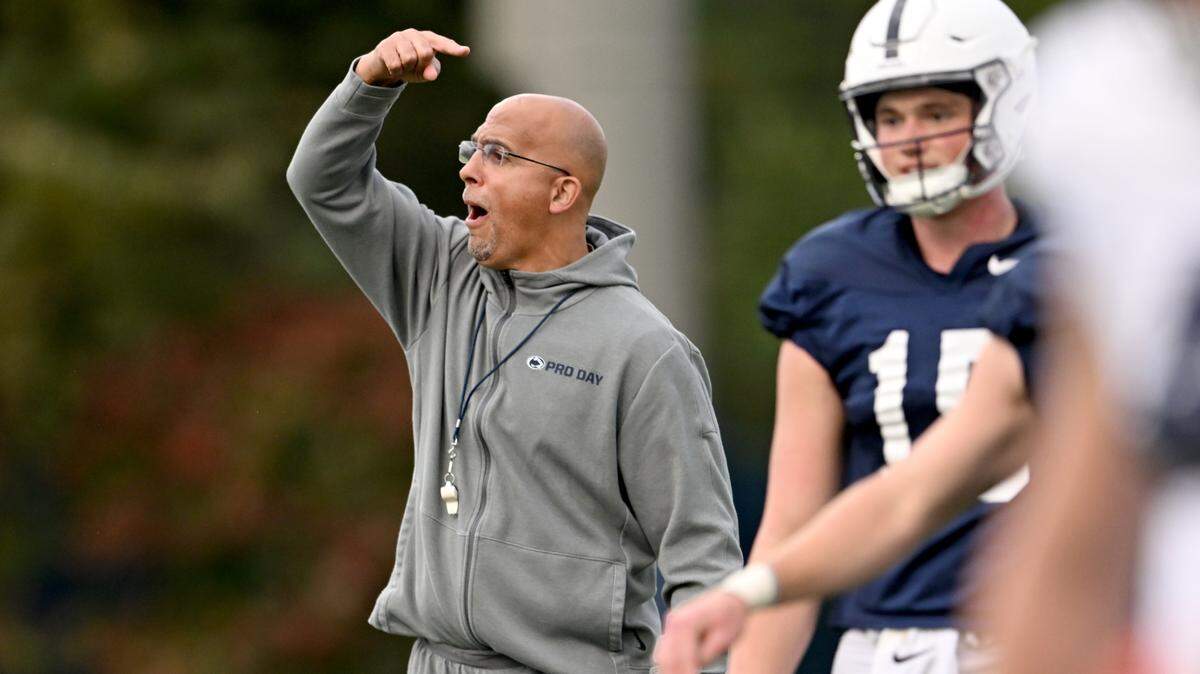 Penn State football coach James Franklin yells to a wide receiver during practice on Wednesday.