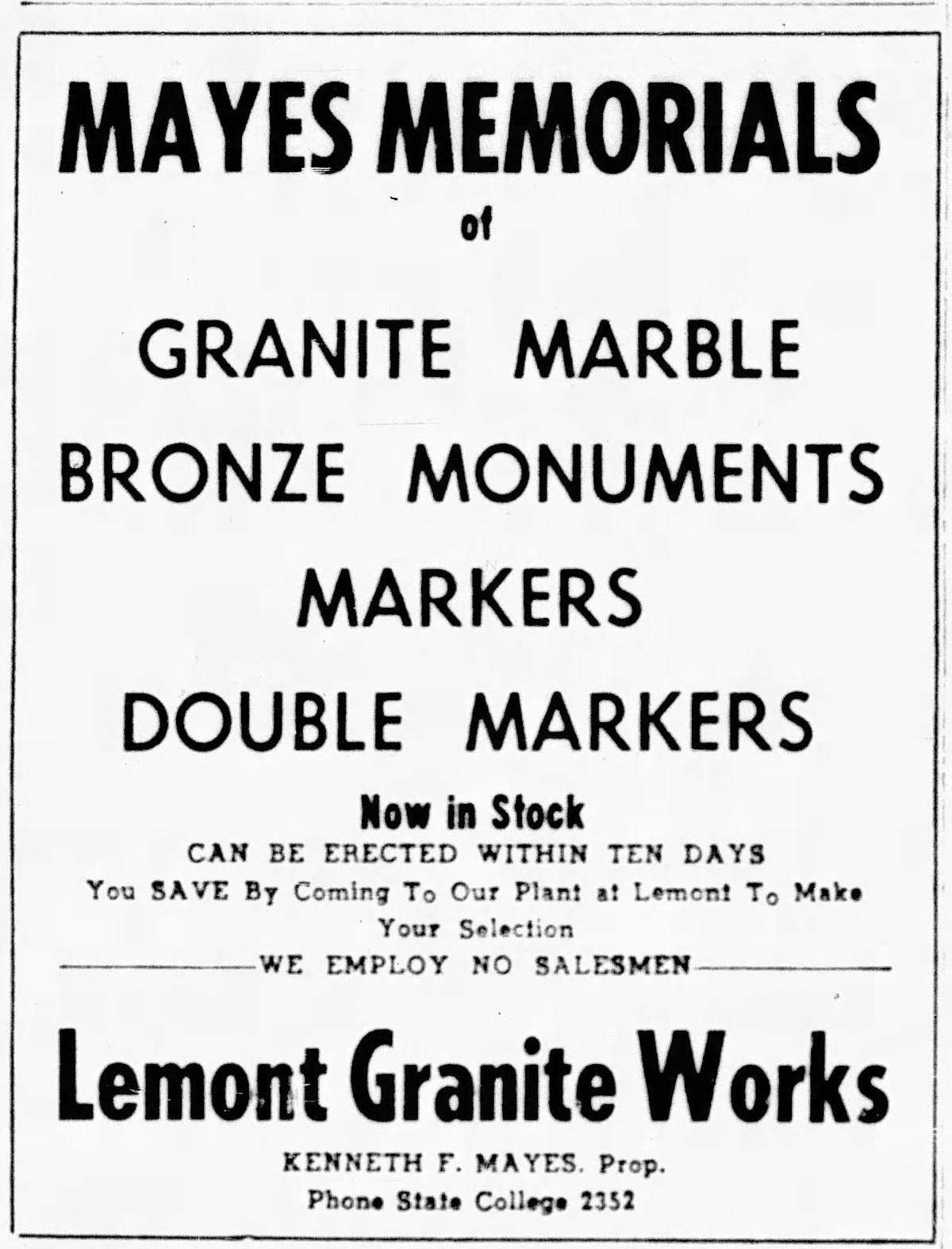 An ad for Mayes Memorials from Oct. 27, 1947.