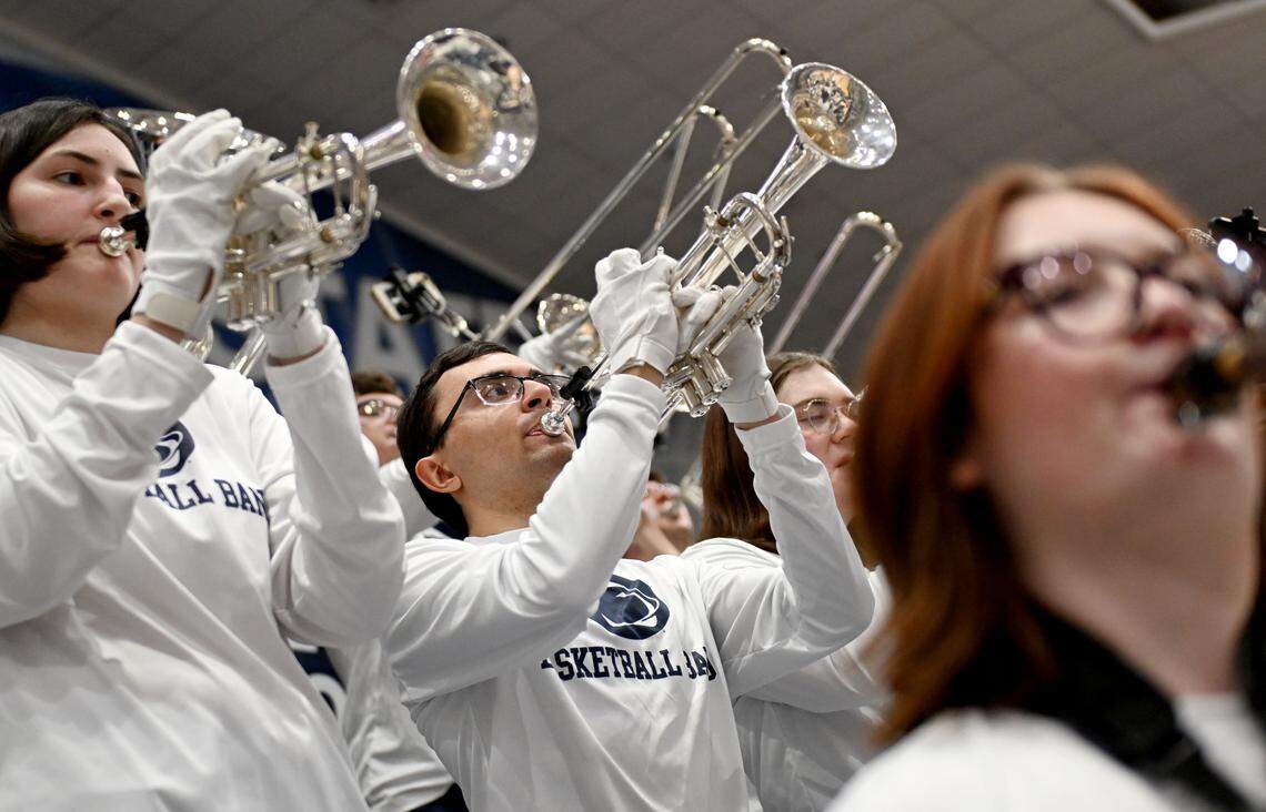 The basketball pep band pumps up the crowd during the game against Wisconsin in Rec Hall on Thursday, Jan. 22, 2026. 