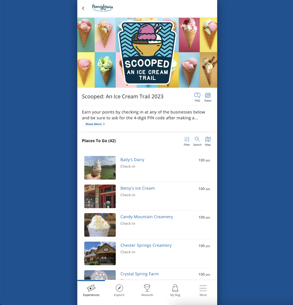 This screenshot shows a sample view of Scooped: An Ice Cream Trail’s digital passport, which tracks player progress.