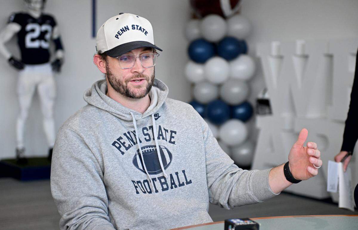 Penn State offensive coordinator and tight ends coach Taylor Mouser talks with the media on Wednesday, Feb. 4, 2026.  