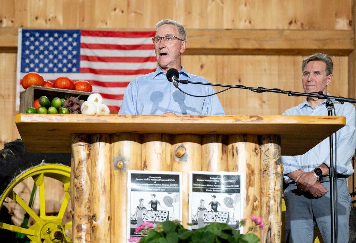 Pennsylvania Agriculture Secretary Russel Redding talks about the importance of the Supplemental Nutrition Assistance Program (SNAP) during a press conference at Wasson Farm on Wednesday, July 2, 2025.