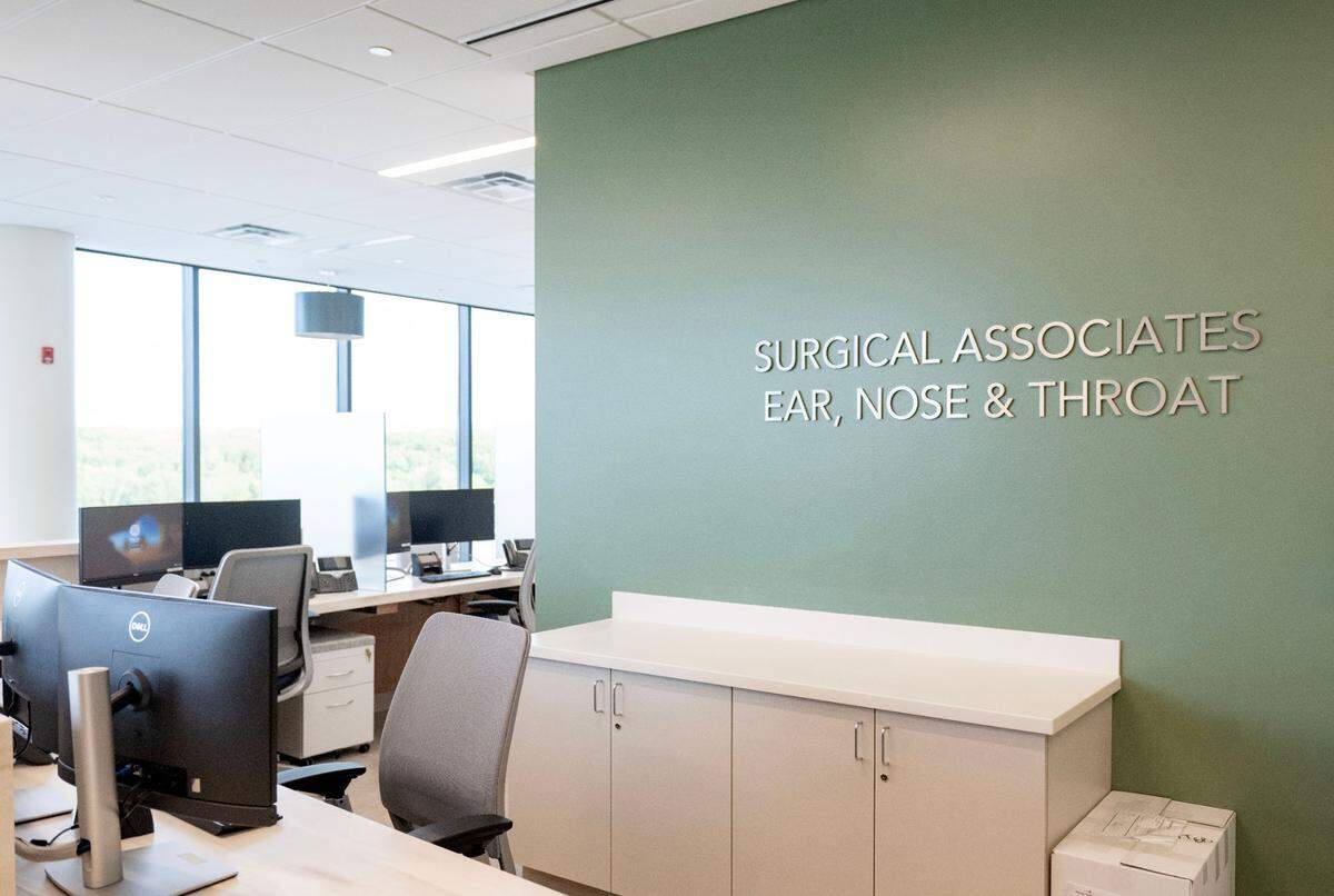 The check-in area for the surgical associates and ENT departments in the new Mount Nittany Health Toftrees building.