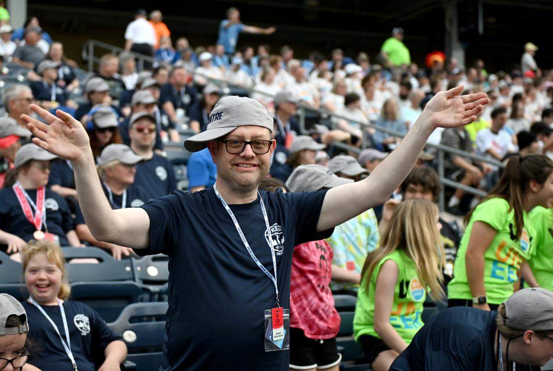 A Centre County athlete waves and dances during the opening ceremony of the Special Olympics PA Summer Games on Thursday, June 5, 2025 at Medlar Field.