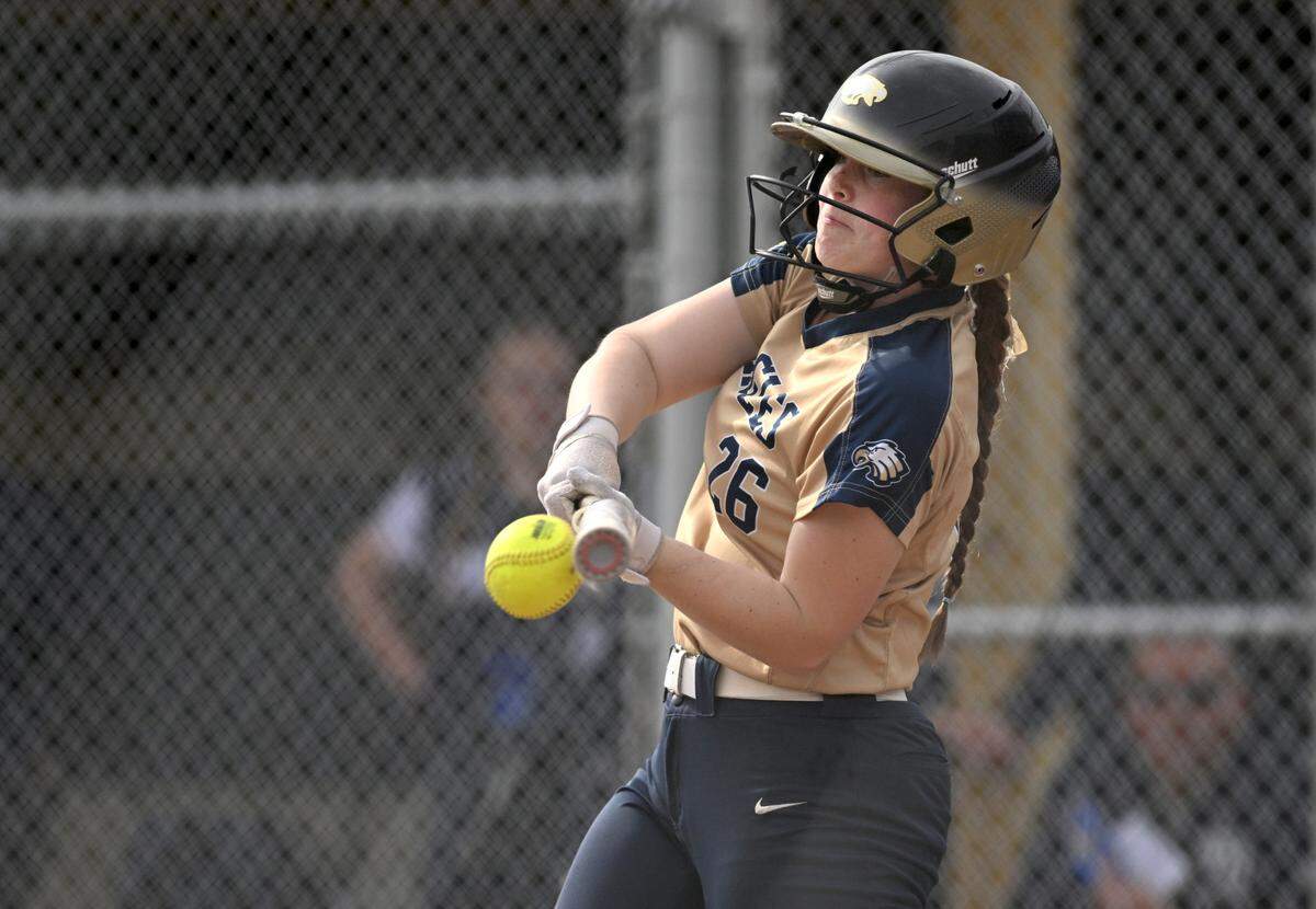 Bald Eagle Area’s Sydney Thompson gets a hit that scores the first run of the game against Philipsburg-Osceola on Thursday, April 27, 2023.