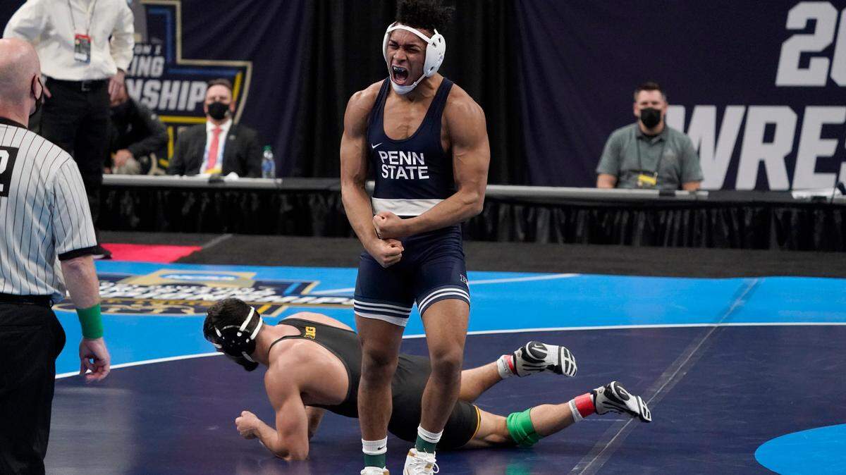Penn State’s Carter Starocci, front, topped former Nittany Lions wrestler Jason Nolf (not pictured) for a spot on the US World Team on Sunday in the US Team Trials in Lincoln, Neb.
