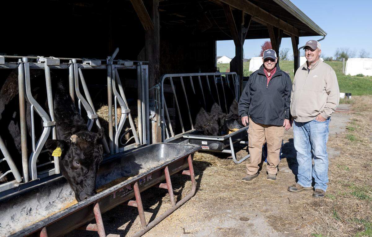 Bob Cloninger and Ben Cloninger stand with some of their wagyu cattle on Monday, Oct. 27, 2025 in Centre Hall. Happy Valley Wagyu offers premium wagyu beef cuts. 