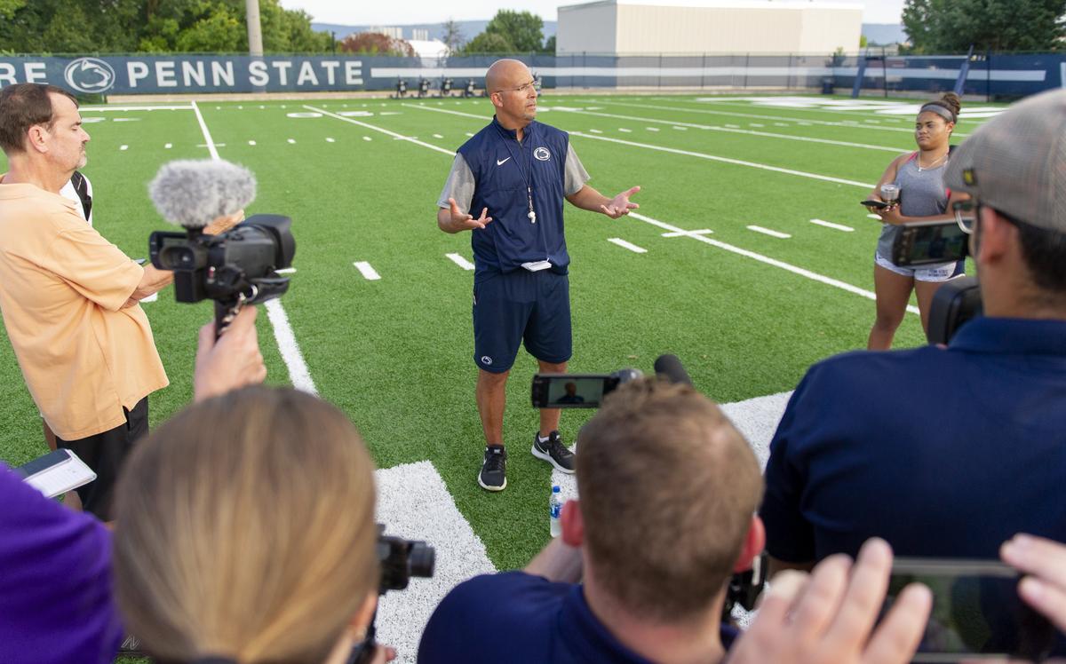 Penn State football coach James Franklin talks to the media after practice on Wednesday, Aug. 29, 2018.