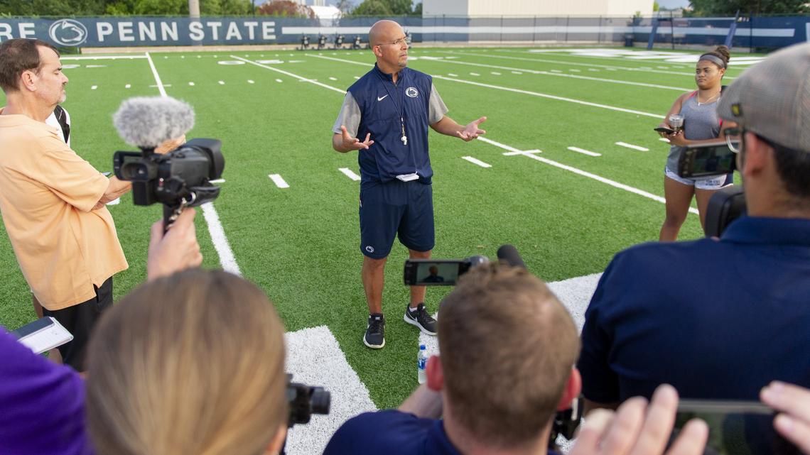 Penn State football coach James Franklin talks to the media after practice on Wednesday, Aug. 29, 2018.