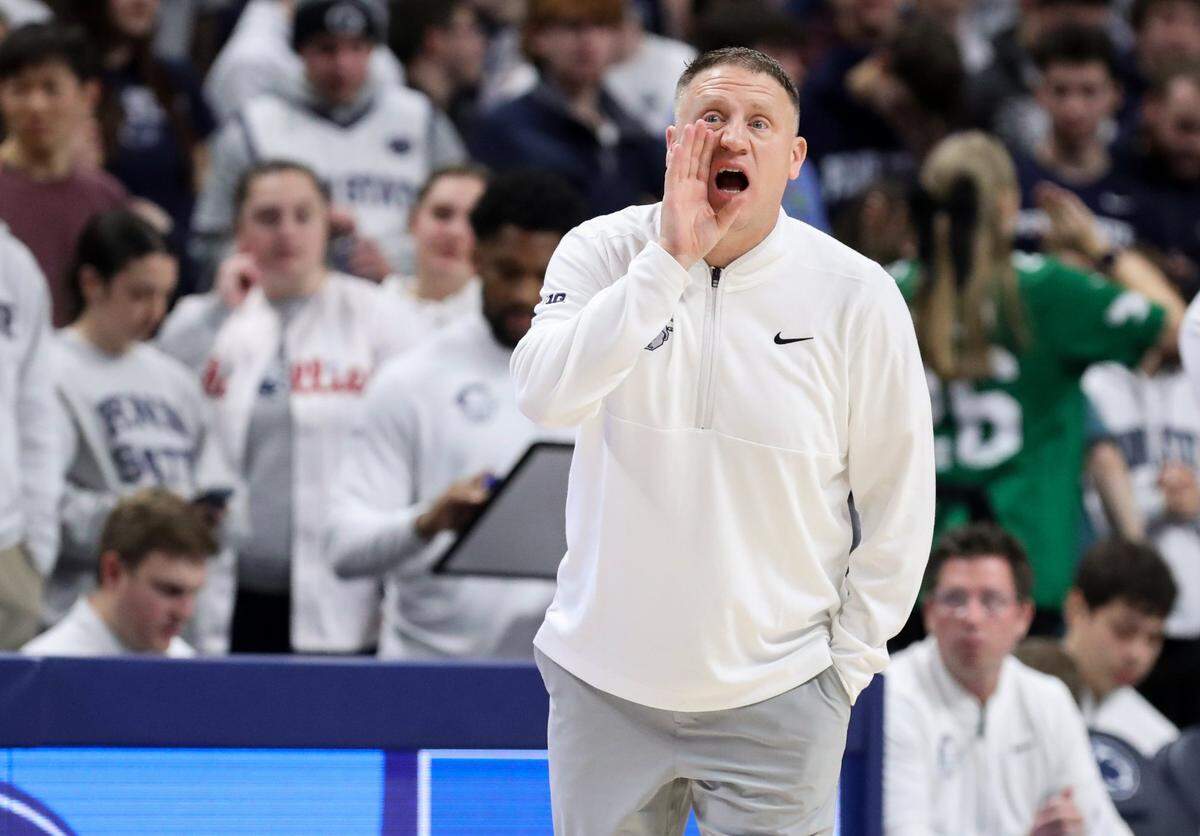 Jan 20, 2025; University Park, Pennsylvania, USA; Penn State Nittany Lions head coach Mike Rhoades yells to his players from the bench during the first half against the Rutgers Scarlet Knights at Bryce Jordan Center. Penn State defeated Rutgers 80-72. Mandatory Credit: Matthew O'Haren-Imagn Images