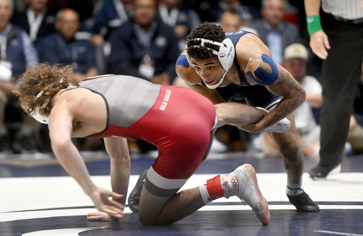 Penn State’s Roman Bravo-Young controls Lock Haven’s Gable Strickland in the 133 lb bout of the match on Friday, Nov. 11, 2022.