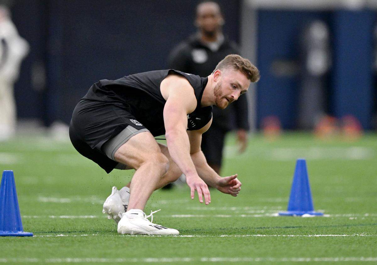 WR Liam Clifford runs the 3-cone during Penn State Pro Day on Wednesday, March 18, 2026. His time was 7.29.