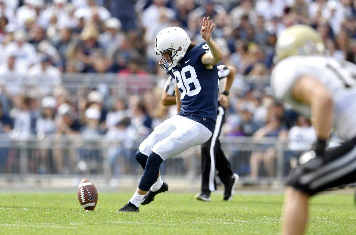 Penn State’s Jordan Stout kicks off during the season opener against Idaho on Saturday, August 31, 2019.
