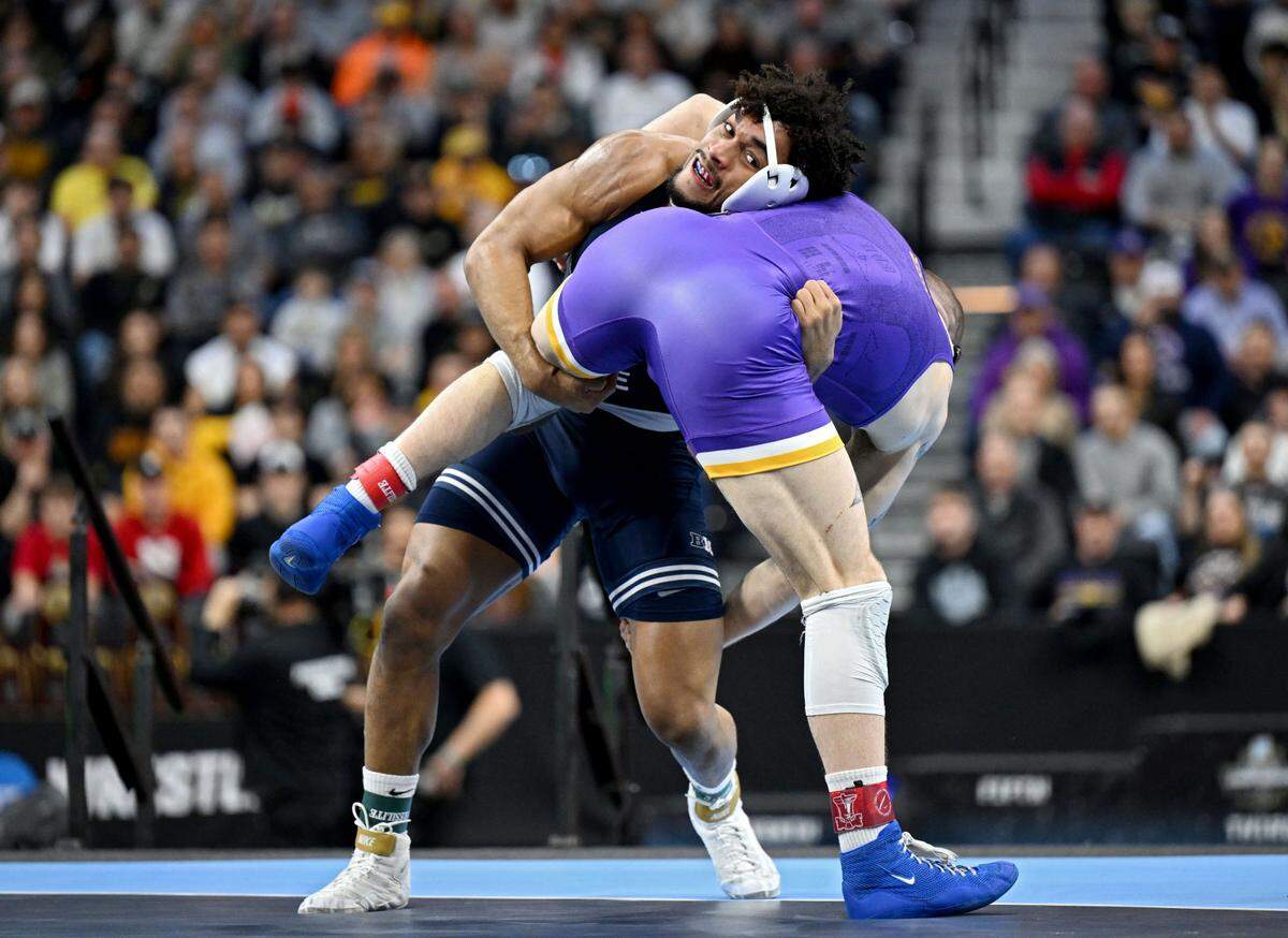 Penn State’s Carter Starocci wrestles Northern Iowa’s Parker Keckeisen in the 184-pound championship bout of the 2025 NCAA Wrestling Championships at the Wells Fargo Center in Philadelphia on Saturday March 22, 2025.