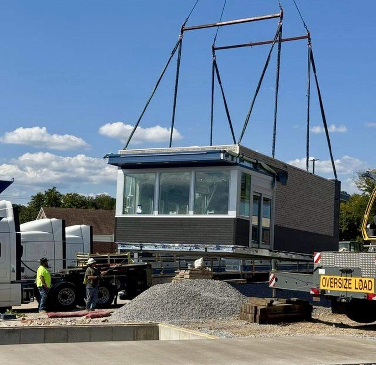 Construction crews dropped a prefabricated modular building in the Hills Plaza parking lot as Seven Brew Coffee prepares to open in State College.