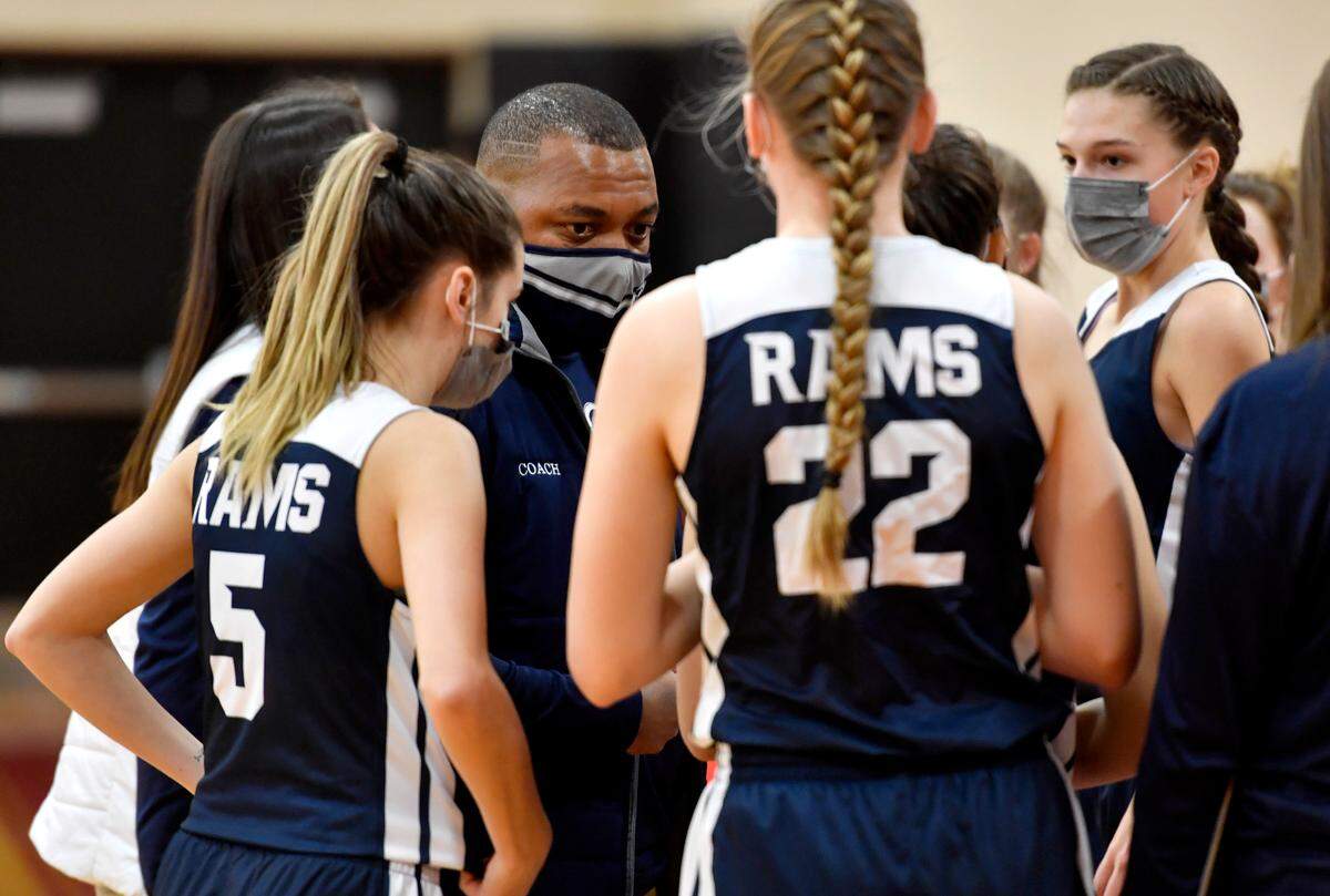 Penns Valley girls basketball coach Terrance Green talks to his players before the game against Bellefonte on Feb. 11, 2021.