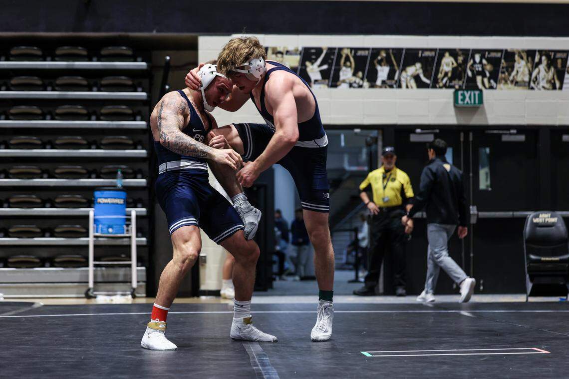 Penn State’s Rocco Welsh controls teammate Asher Cunningham, who is a State College graduate, in their 184-pound finals match of the Black Knight Invitational on Sunday, Nov. 23, 2025 in West Point, NY. Welsh topped Cunningham, 13-5.