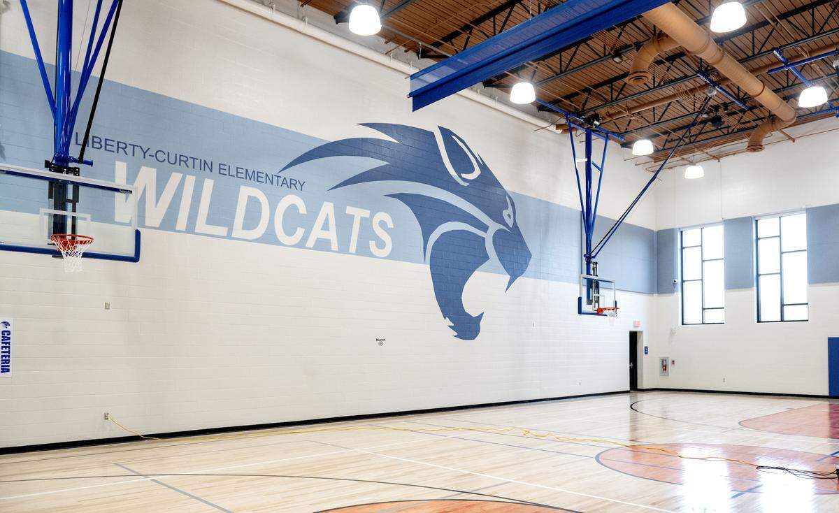 The gymnasium and cafeteria in the new Liberty-Curtin Elementary School on Monday, Sept. 22, 2025.  