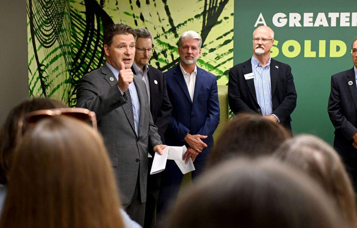 Pennsylvania Highlands Community College president Steve Nunez talks about the benefits of the new location in Centre County during the opening ceremony on Friday, Aug. 16, 2024. The location is in Bellefonte on the second floor the Match Factory building.