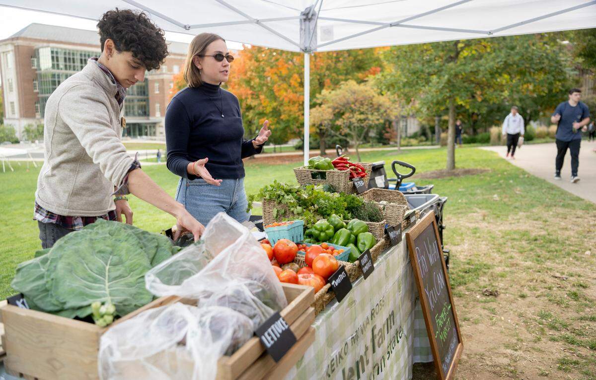 Volunteers Jimmy Alamia and Olivia Kranefuss talk to customers at the pay-what-you-can farmers market outside of the HUB on the Penn State campus on Monday, Oct. 10, 2022. The Dr. Keiko Miwa Ross Student Farm grows the produce and has partnered with the the Lion’s Pantry to bring fresh items at an affordable price.