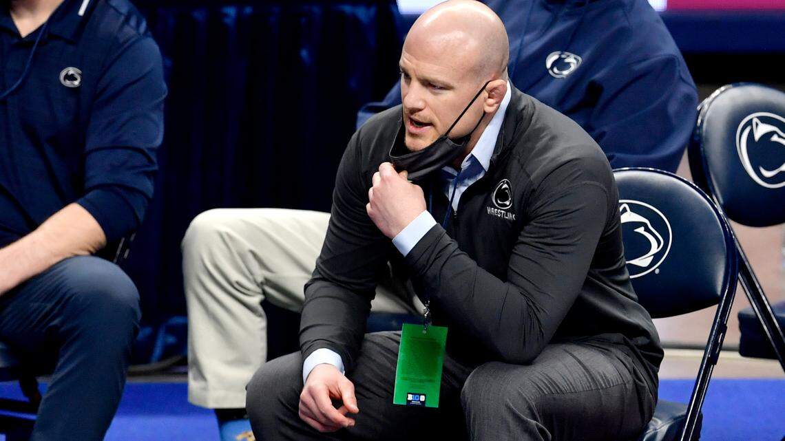 Penn State coach Cael Sanderson, pictured in March, spoke to the media on Tuesday and noted that new Nittany Lions wrestler, Drew Hildebrandt, may be available this weekend.